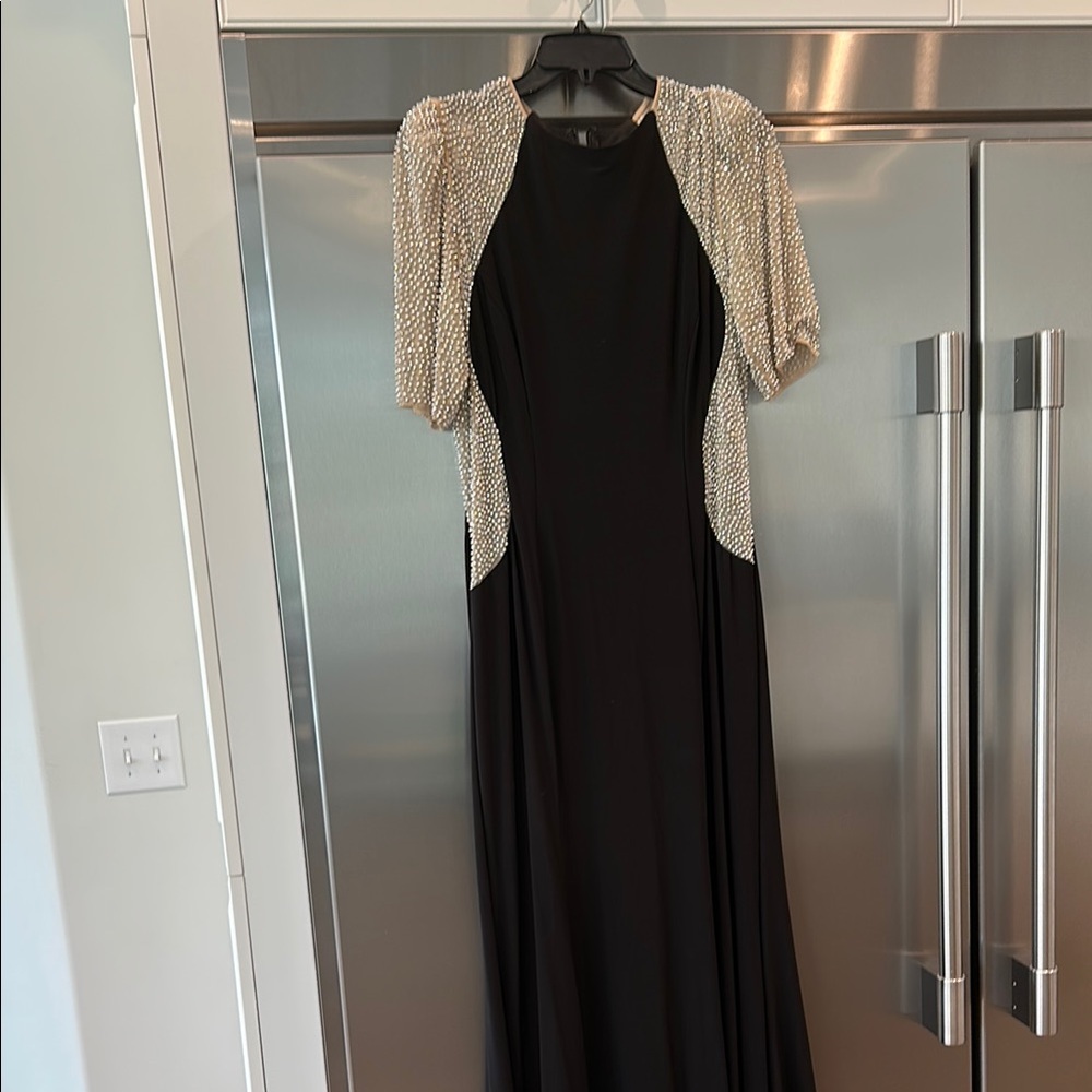 Black Jersey Evening Dress with silver beaded Shoulders